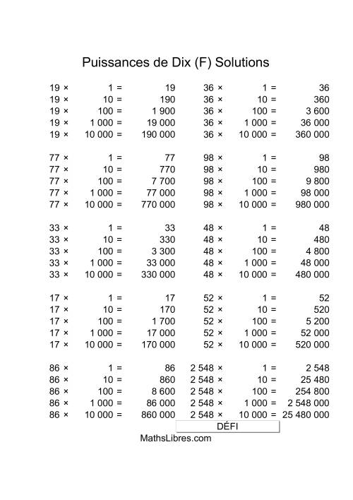 Nombres deux-chiffres multipliés par puissances positives de dix (F) page 2