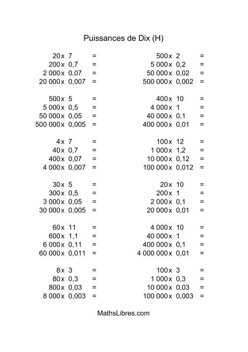 Nombres entiers multipliés par multiples de puissances négatives de dix (quotients entiers) (H)