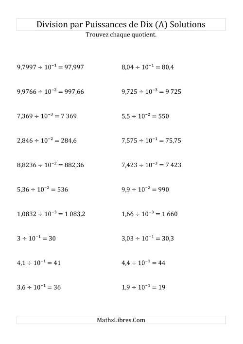 Division de nombres décimaux par puissances négatives de dix (formes décimale) (A) page 2