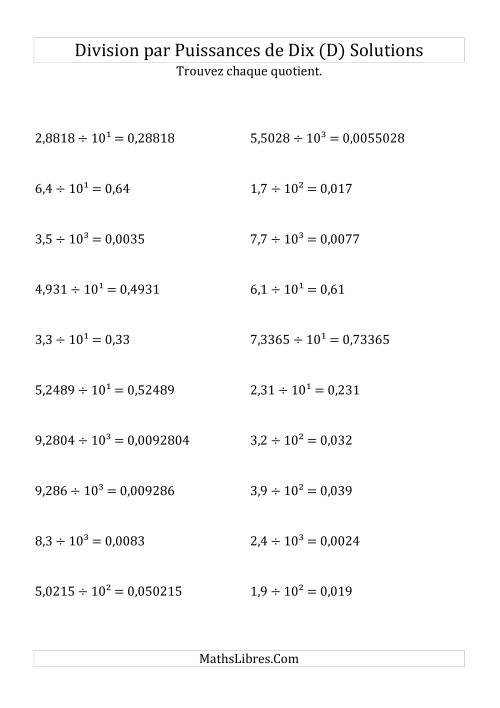 Division de nombres décimaux par puissances positives de dix (forme exposant) (D) page 2