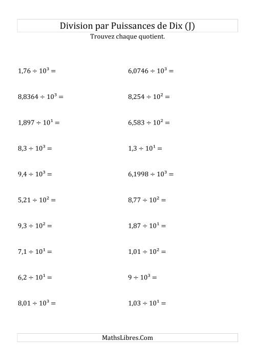 Division de nombres décimaux par puissances positives de dix (forme exposant) (J)