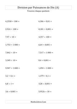 Division de nombres décimaux par puissances de dix (forme standard)