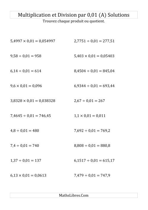 Multiplication et division de nombres décimaux par 0,01 (A) page 2