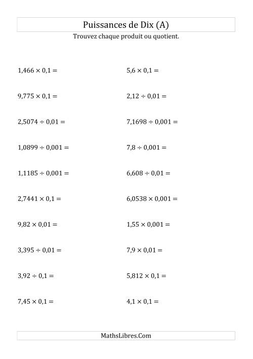 Multiplication et division de nombres décimaux par puissances négatives de dix (forme standard) (A)