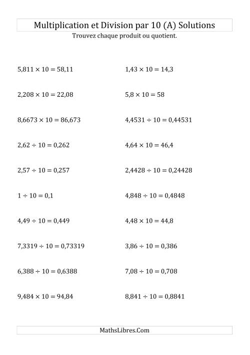 Multiplication et division de nombres décimaux par 10 (A) page 2
