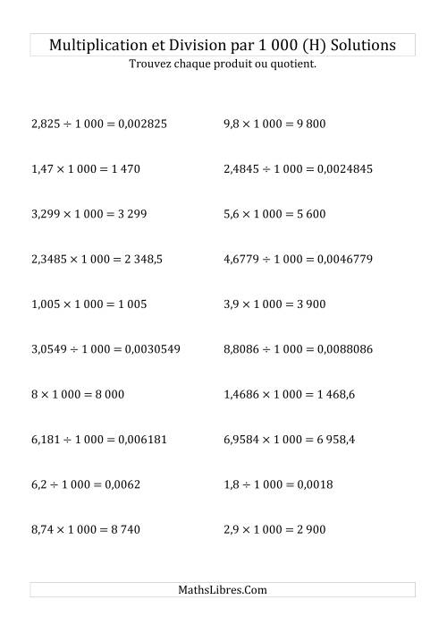 Multiplication et division de nombres décimaux par 1000 (H) page 2