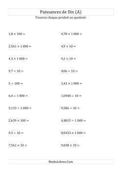 Multiplication et division de nombres décimaux par puissances positives de dix (forme standard)