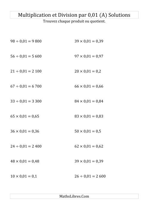 Multiplication et division de nombres entiers par 0,01 (A) page 2