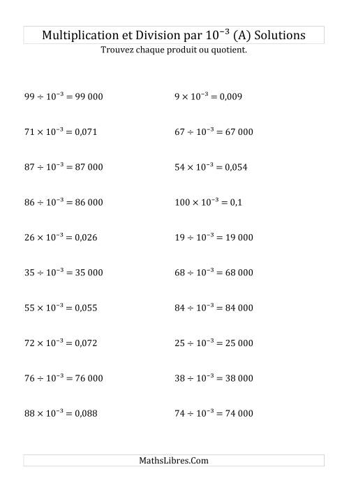 Multiplication et division de nombres entiers par 10<sup>-3</sup> (A) page 2