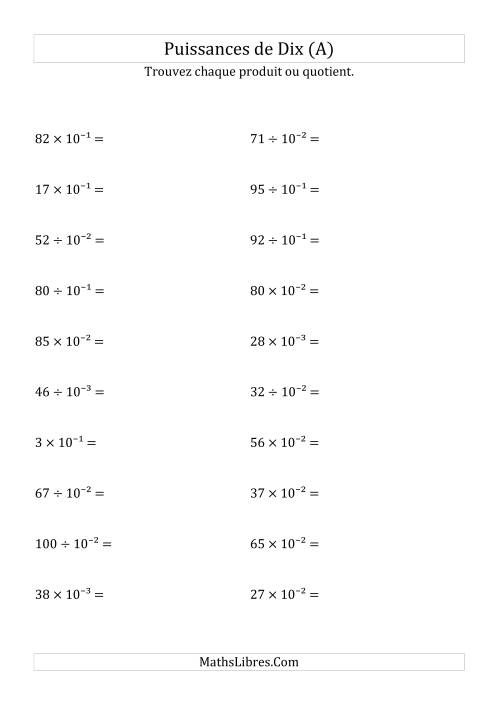 Multiplication et division de nombres entiers par puissances négatives de dix (forme exposant) (A)