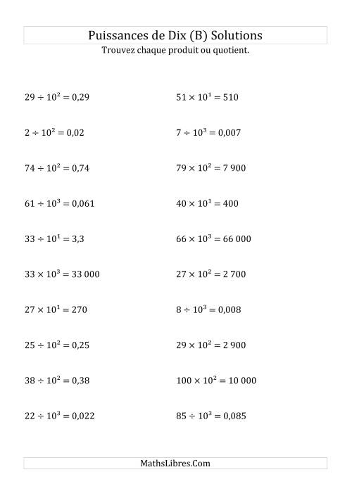Multiplication et division de nombres entiers par puissances positives de dix (forme exposant) (B) page 2