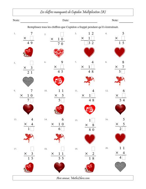 Les chiffres manquants de Cupidon, Multiplication (Version Plus Facile) (A)