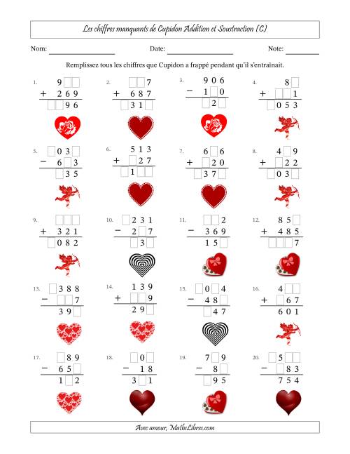 Les chiffres manquants de Cupidon, Addition et Soustraction (Version Plus Facile) (C)
