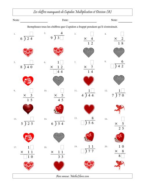 Les chiffres manquants de Cupidon, Multiplication et Division (Version Plus Facile) (A)