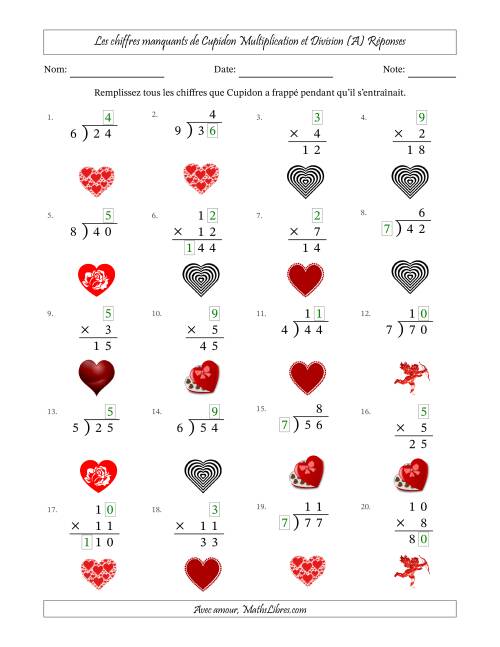 Les chiffres manquants de Cupidon, Multiplication et Division (Version Plus Facile) (A) page 2