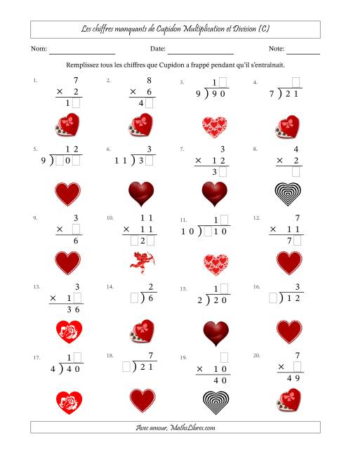 Les chiffres manquants de Cupidon, Multiplication et Division (Version Plus Facile) (C)