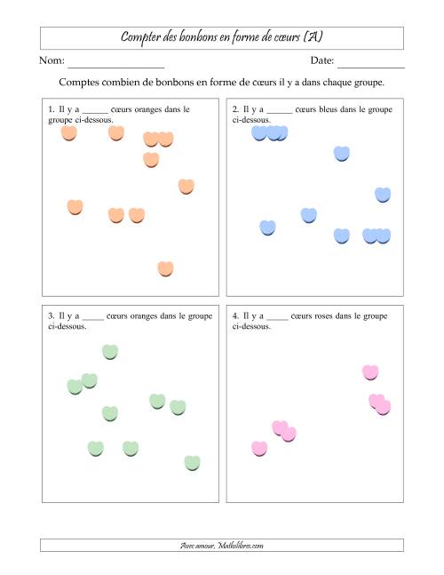 Compter des bonbons en forme de cœurs en dispositions éparpillées (Version plus facile, dispositions éparpillées de 3 à 10 articles) (A)