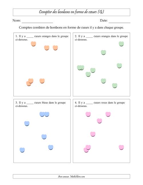 Compter des bonbons en forme de cœurs en dispositions éparpillées (Version plus facile, dispositions éparpillées de 3 à 10 articles) (G)