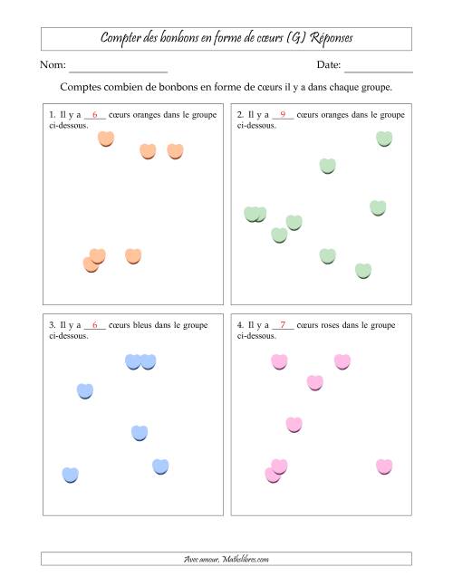 Compter des bonbons en forme de cœurs en dispositions éparpillées (Version plus facile, dispositions éparpillées de 3 à 10 articles) (G) page 2