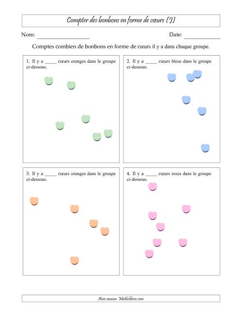 Compter des bonbons en forme de cœurs en dispositions éparpillées (Version plus facile, dispositions éparpillées de 3 à 10 articles) (J)