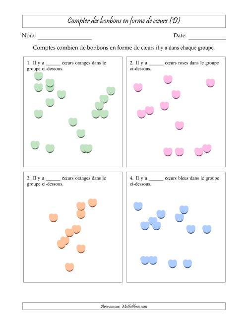 Compter des bonbons en forme de cœurs en dispositions éparpillées (Version plus difficile, dispositions éparpillées de 11 à 20 articles) (D)