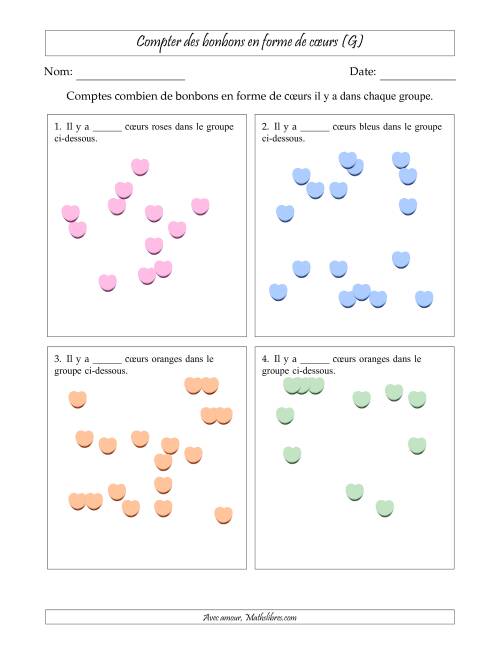 Compter des bonbons en forme de cœurs en dispositions éparpillées (Version plus difficile, dispositions éparpillées de 11 à 20 articles) (G)