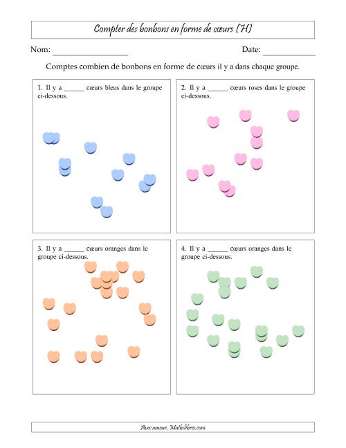 Compter des bonbons en forme de cœurs en dispositions éparpillées (Version plus difficile, dispositions éparpillées de 11 à 20 articles) (H)