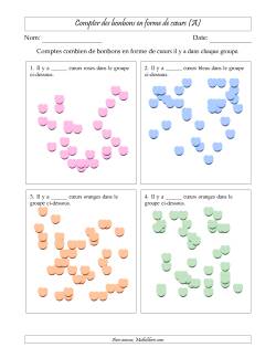 Compter des bonbons en forme de cœurs en dispositions éparpillées (Version très difficile, dispositions éparpillées de 21 à 50 articles)