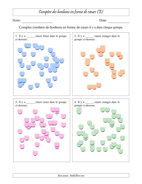 Compter des bonbons en forme de cœurs en dispositions éparpillées (Version très difficile, dispositions éparpillées de 21 à 50 articles) (E)