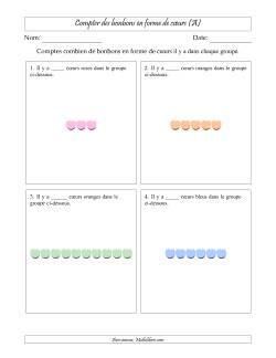 Compter des bonbons en forme de cœurs en dispositions linéaires (Version plus facile, dispositions linéaires horizontales)