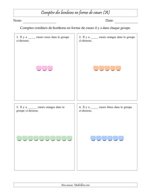 Compter des bonbons en forme de cœurs en dispositions linéaires (Version plus facile, dispositions linéaires horizontales) (A)