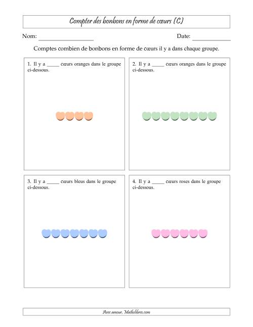 Compter des bonbons en forme de cœurs en dispositions linéaires (Version plus facile, dispositions linéaires horizontales) (C)