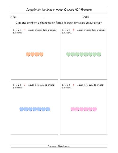 Compter des bonbons en forme de cœurs en dispositions linéaires (Version plus facile, dispositions linéaires horizontales) (C) page 2