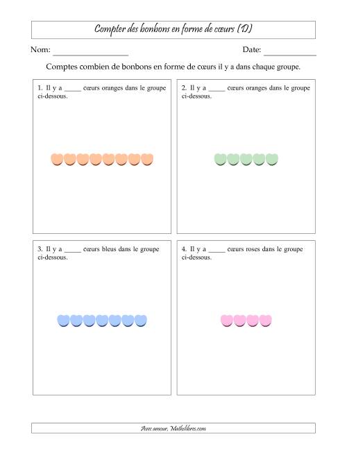 Compter des bonbons en forme de cœurs en dispositions linéaires (Version plus facile, dispositions linéaires horizontales) (D)