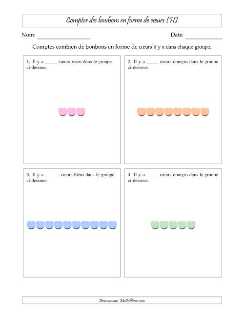Compter des bonbons en forme de cœurs en dispositions linéaires (Version plus facile, dispositions linéaires horizontales) (H)