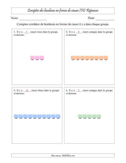 Compter des bonbons en forme de cœurs en dispositions linéaires (Version plus facile, dispositions linéaires horizontales) (H) page 2