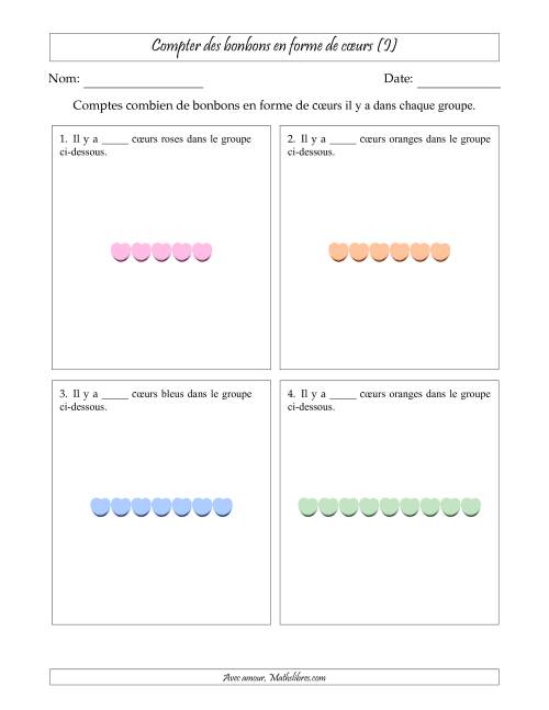 Compter des bonbons en forme de cœurs en dispositions linéaires (Version plus facile, dispositions linéaires horizontales) (I)