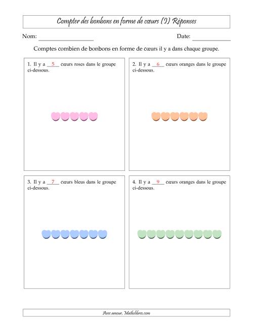 Compter des bonbons en forme de cœurs en dispositions linéaires (Version plus facile, dispositions linéaires horizontales) (I) page 2