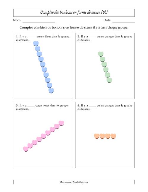 Compter des bonbons en forme de cœurs en dispositions linéaires (Version plus difficile, dispositions linéaires pivotées) (A)
