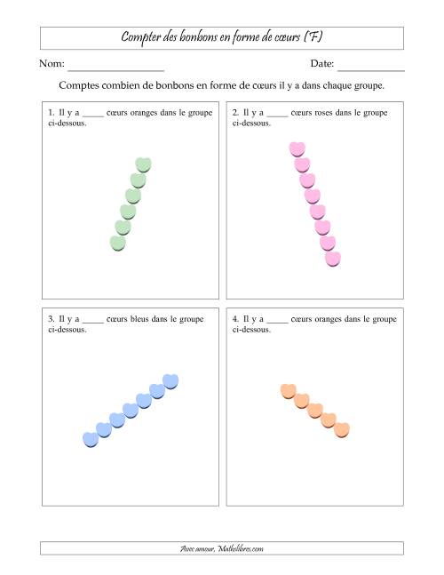 Compter des bonbons en forme de cœurs en dispositions linéaires (Version plus difficile, dispositions linéaires pivotées) (F)