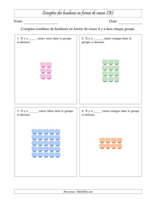 Compter des bonbons en forme de cœurs en dispositions rectangulaires (Version plus facile, dispositions rectangulaires jusqu'à 5x5) (A)