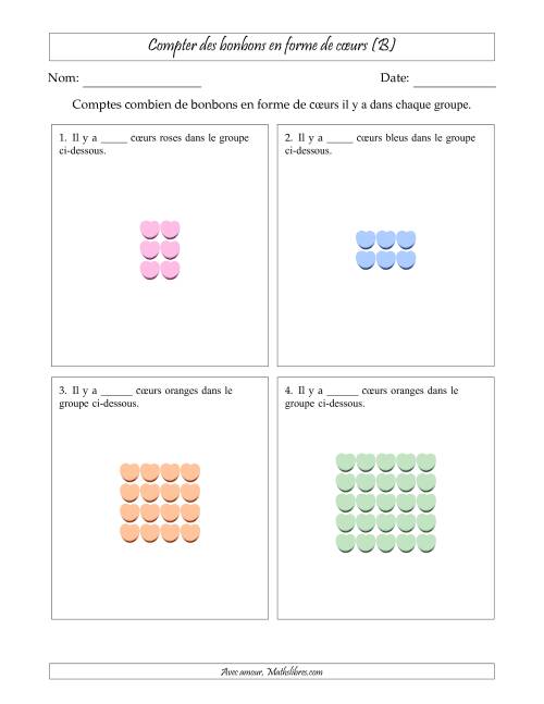 Compter des bonbons en forme de cœurs en dispositions rectangulaires (Version plus facile, dispositions rectangulaires jusqu'à 5x5) (B)