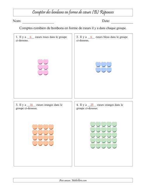 Compter des bonbons en forme de cœurs en dispositions rectangulaires (Version plus facile, dispositions rectangulaires jusqu'à 5x5) (B) page 2