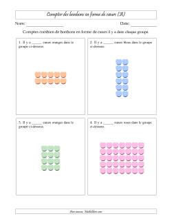 Compter des bonbons en forme de cœurs en dispositions rectangulaires (Version plus difficile, dispositions rectangulaires jusqu'à 9x9)