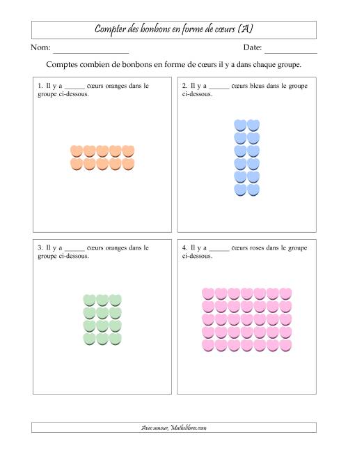 Compter des bonbons en forme de cœurs en dispositions rectangulaires (Version plus difficile, dispositions rectangulaires jusqu'à 9x9) (A)