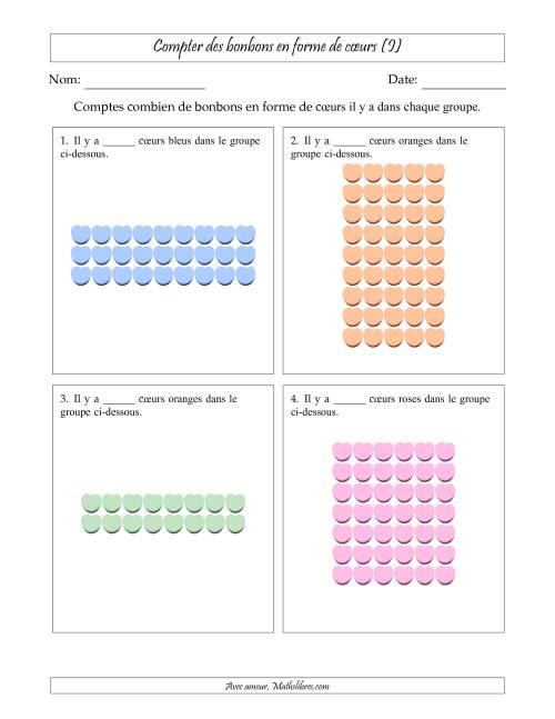 Compter des bonbons en forme de cœurs en dispositions rectangulaires (Version plus difficile, dispositions rectangulaires jusqu'à 9x9) (I)