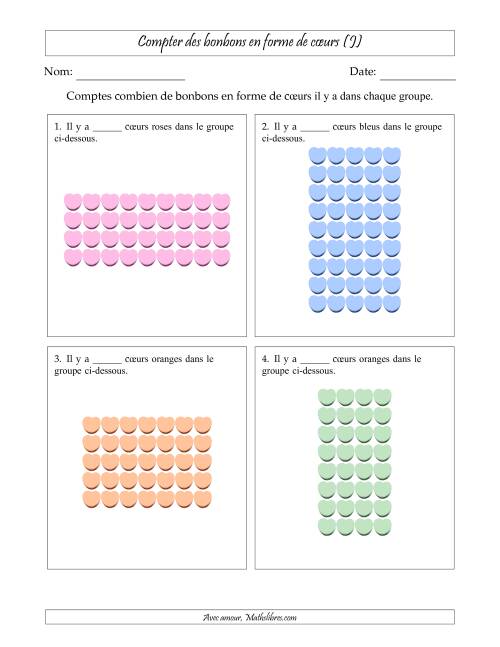 Compter des bonbons en forme de cœurs en dispositions rectangulaires (Version plus difficile, dispositions rectangulaires jusqu'à 9x9) (J)