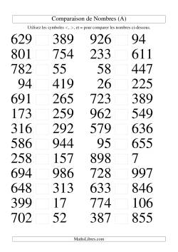 Comparaisons des chiffres jusqu'à 1000