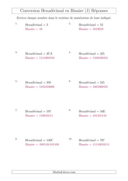 Conversion de Nombres Hexadécimaux en Nombres Binaires (J) page 2