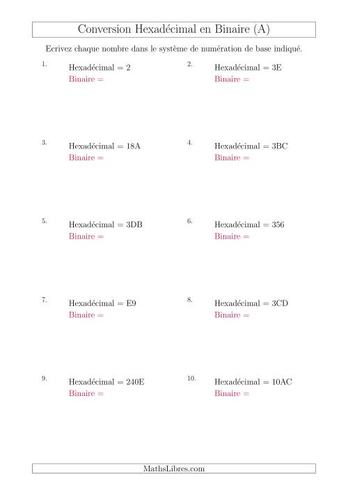 Conversion de Nombres Hexadécimaux en Nombres Binaires (Tout)